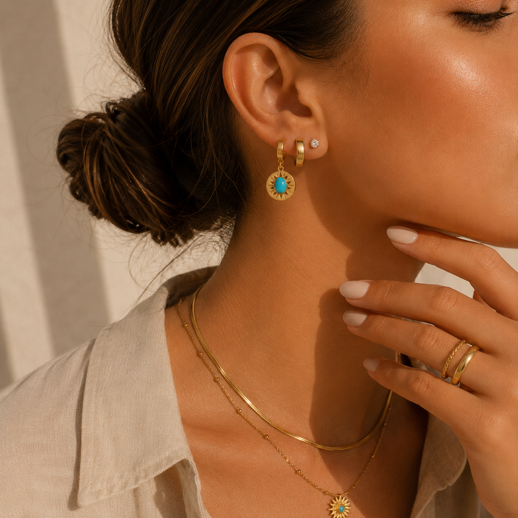 Golden Sun Turquoise Hoop Earrings Set