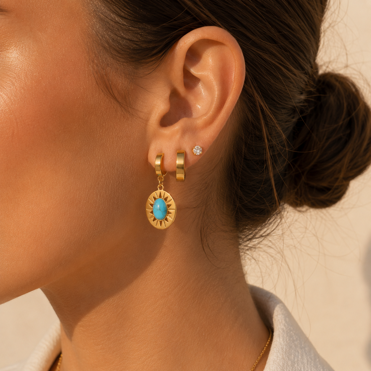 Golden Sun Turquoise Hoop Earrings Set