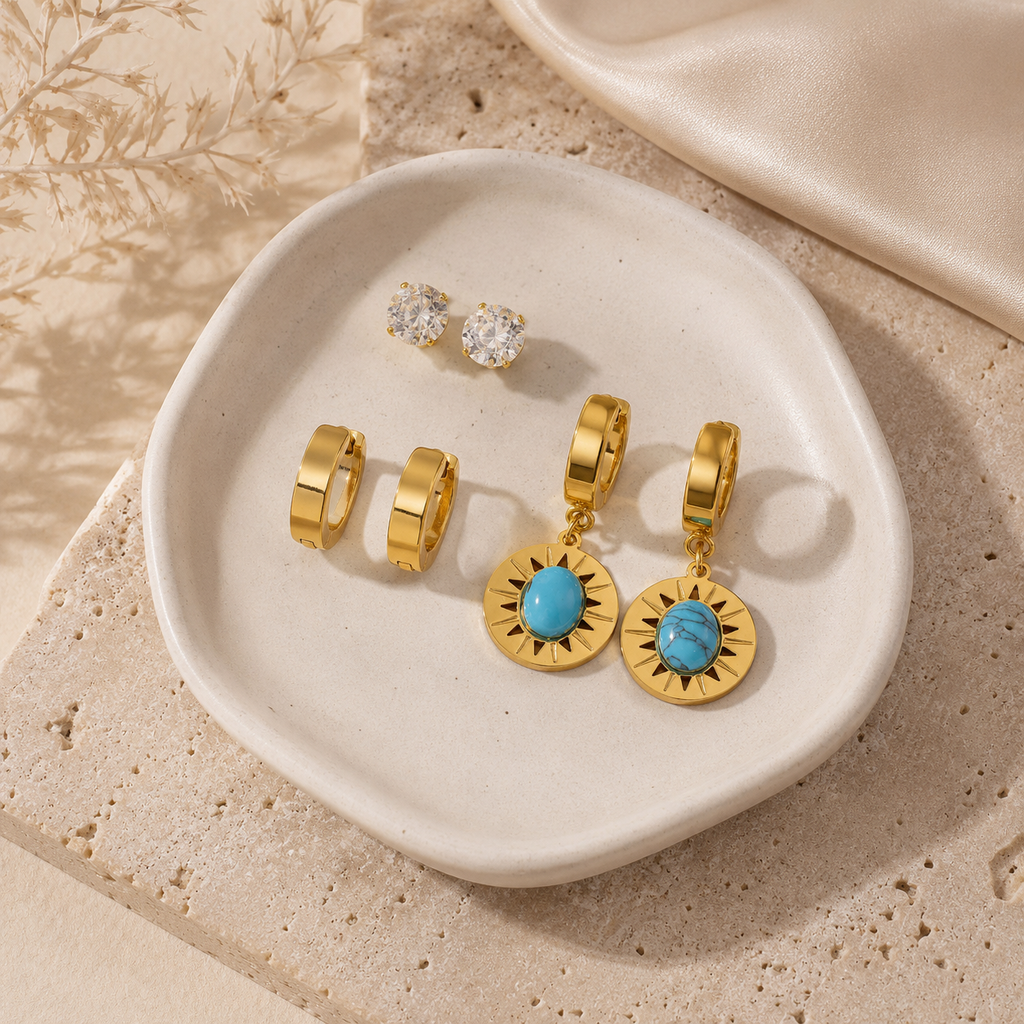 Golden Sun Turquoise Hoop Earrings Set