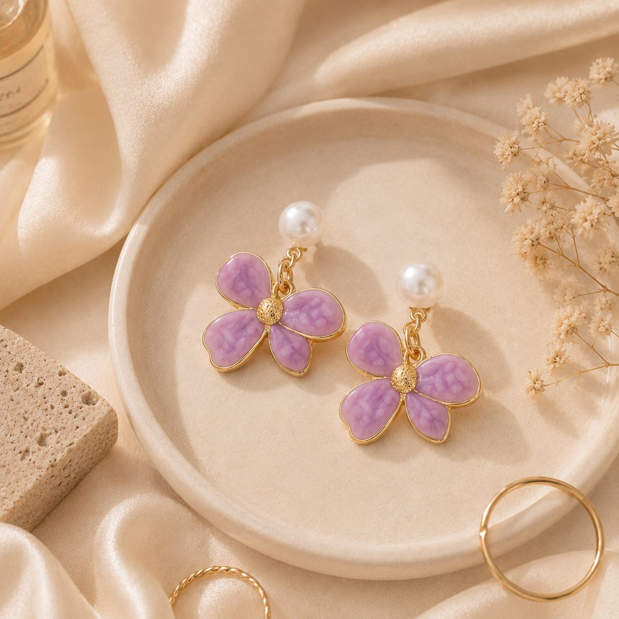 Lavender Flower Pearl Drop Earrings