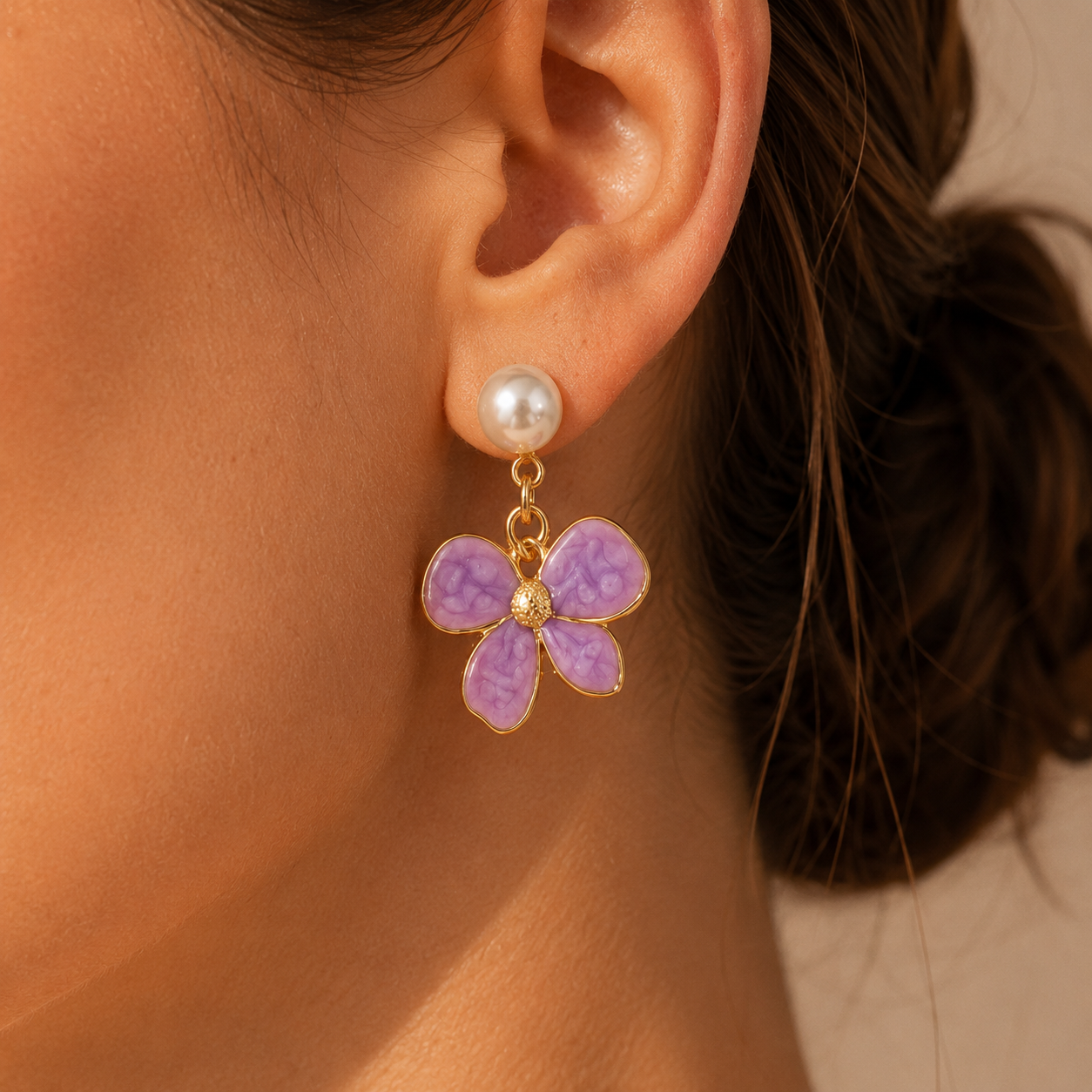 Lavender Flower Pearl Drop Earrings