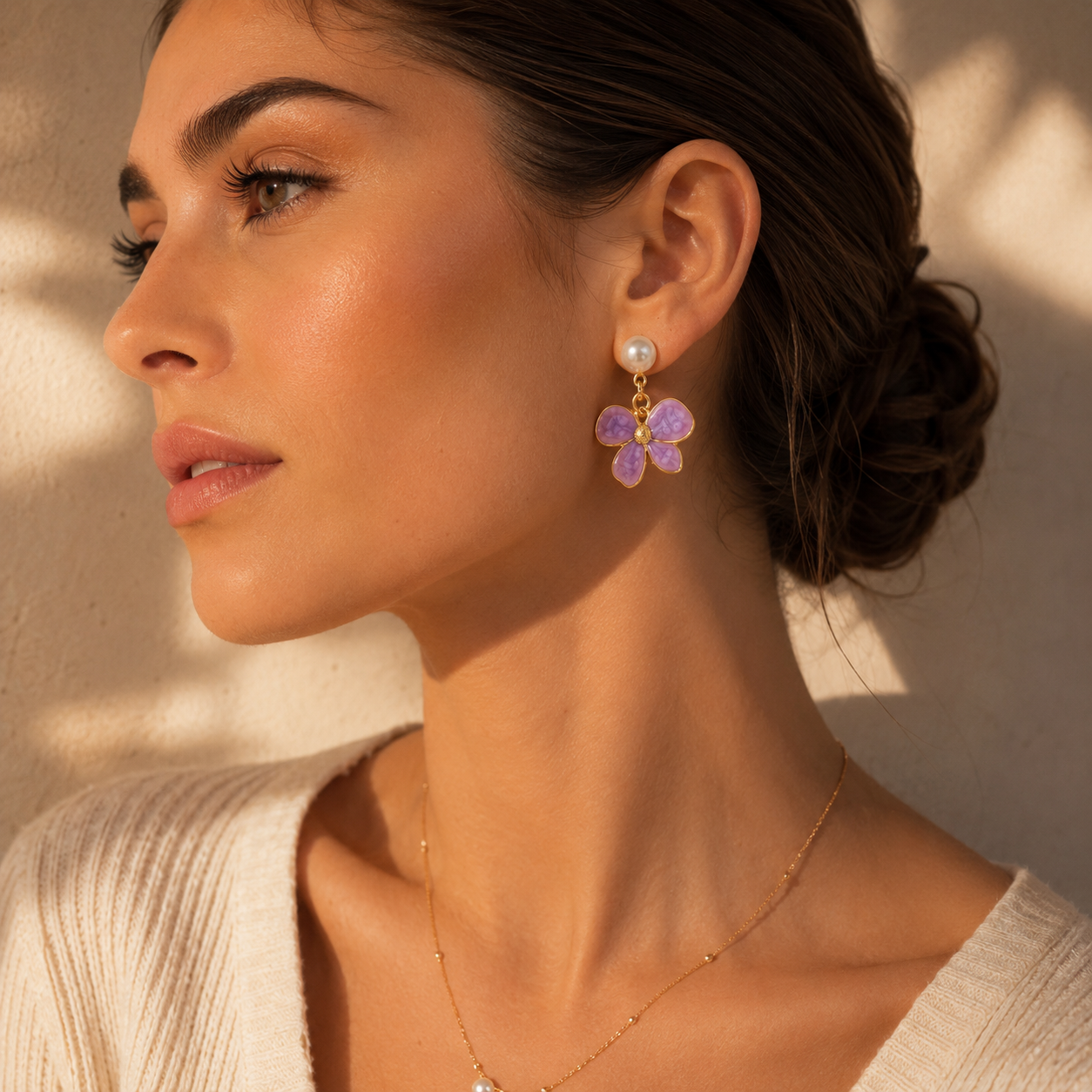 Lavender Flower Pearl Drop Earrings