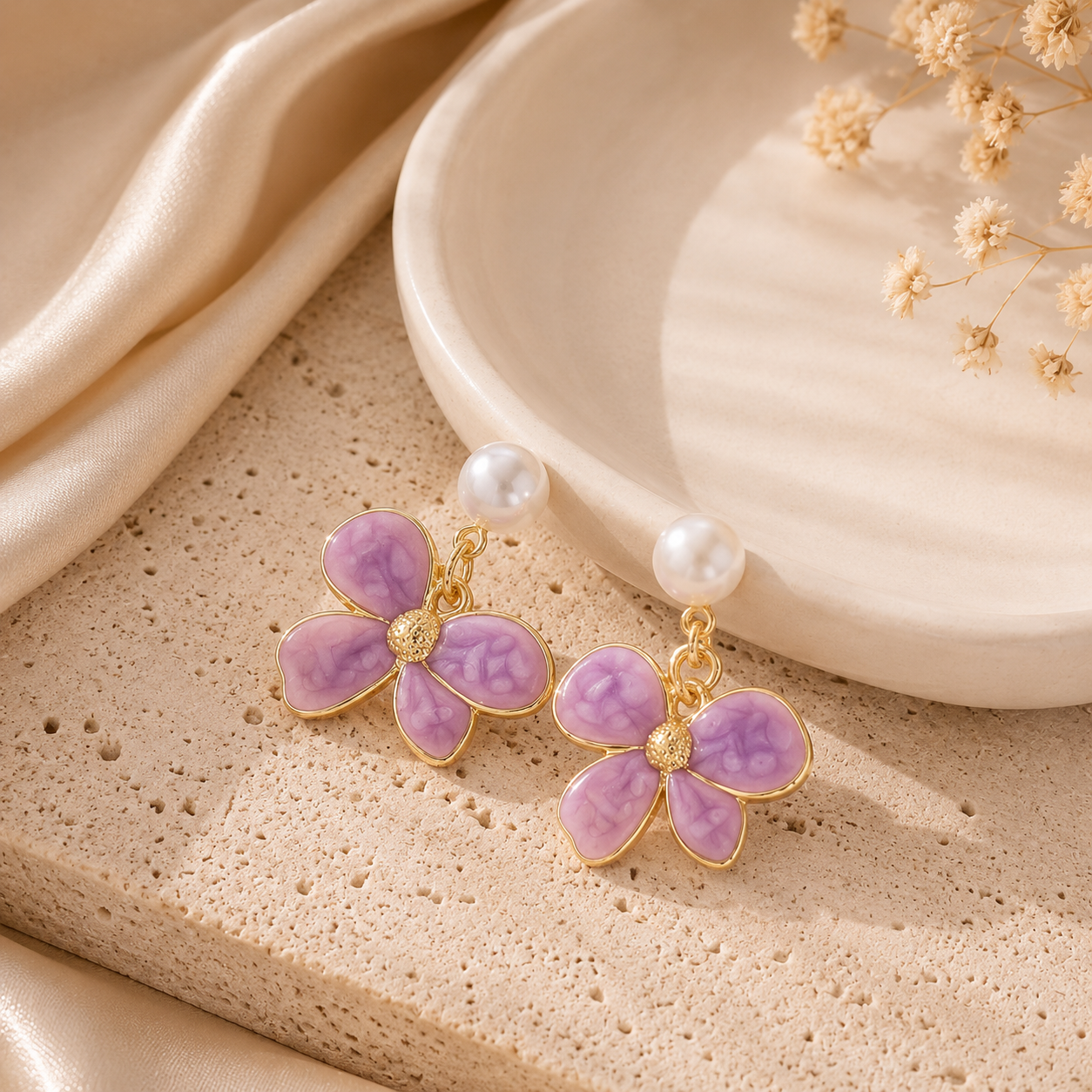 Lavender Flower Pearl Drop Earrings