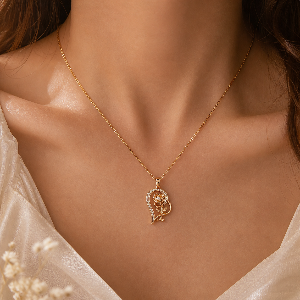 Rose Heart Pendant Necklace | 18K Gold Plated