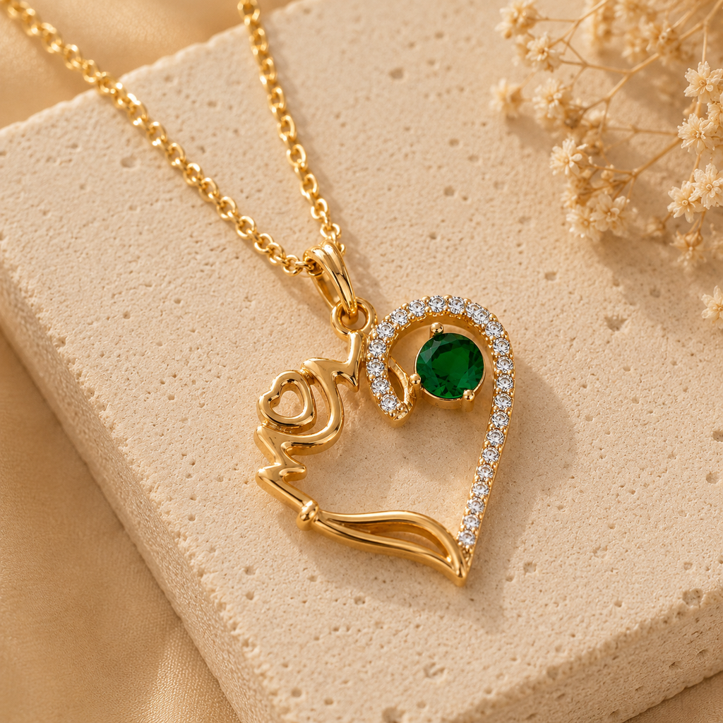 Heart Pendant MOM Necklace – Green Stone
