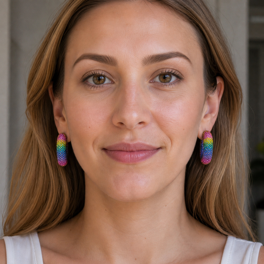 Rainbow & Pink Crystal Hoop Earrings