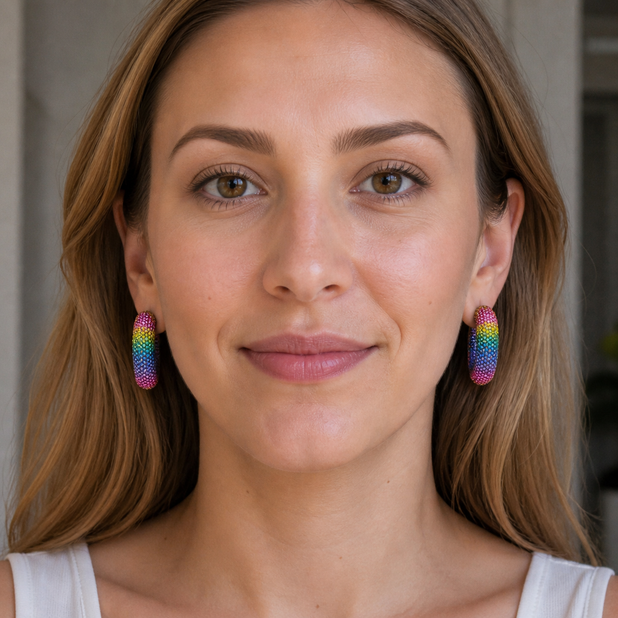 Rainbow & Pink Crystal Hoop Earrings
