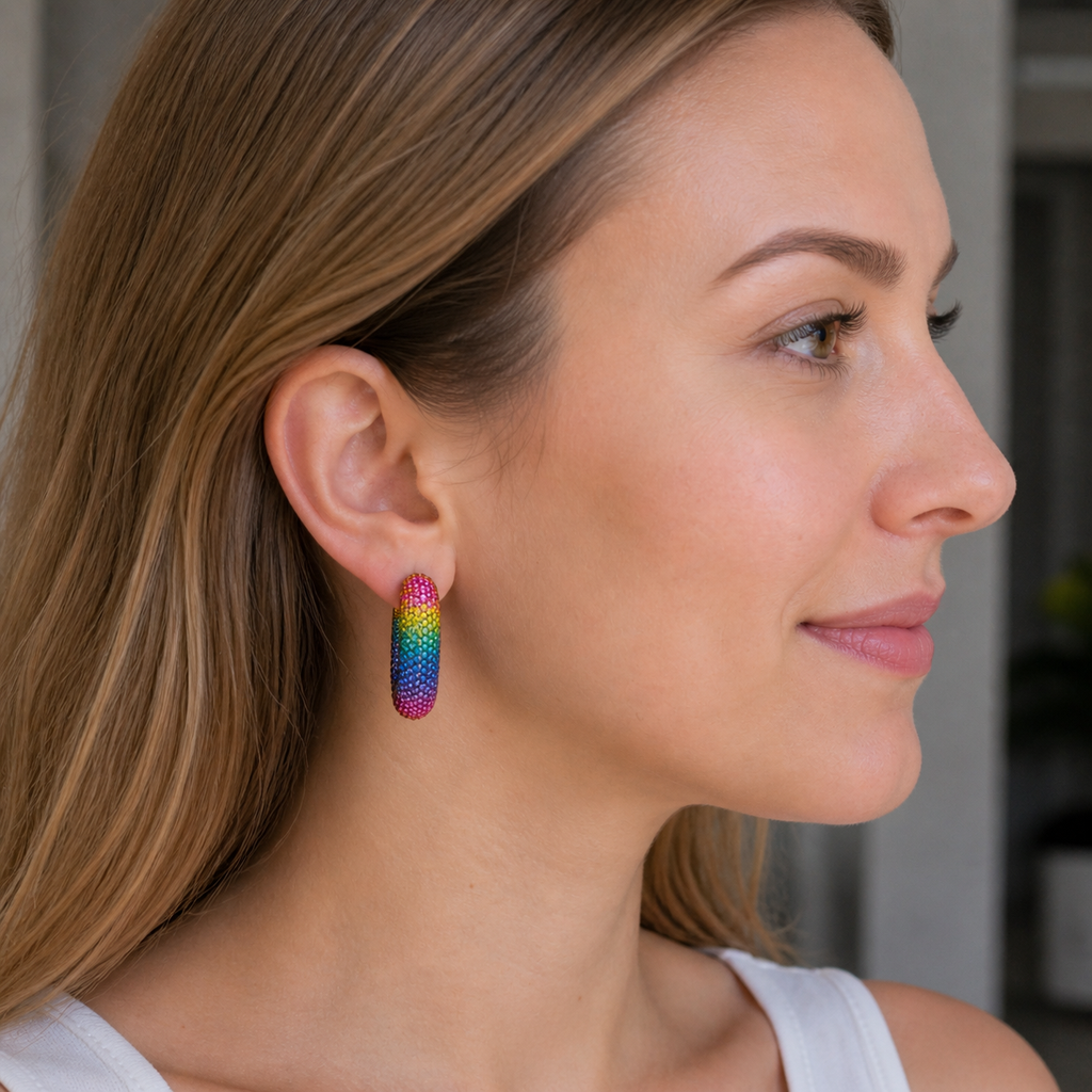 Rainbow & Pink Crystal Hoop Earrings