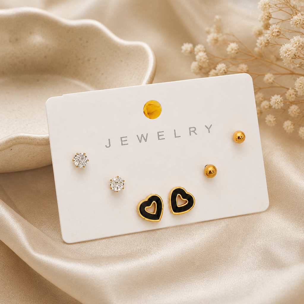 Zircon Stud Earrings Set – 3 Pairs Gold Plated Earrings