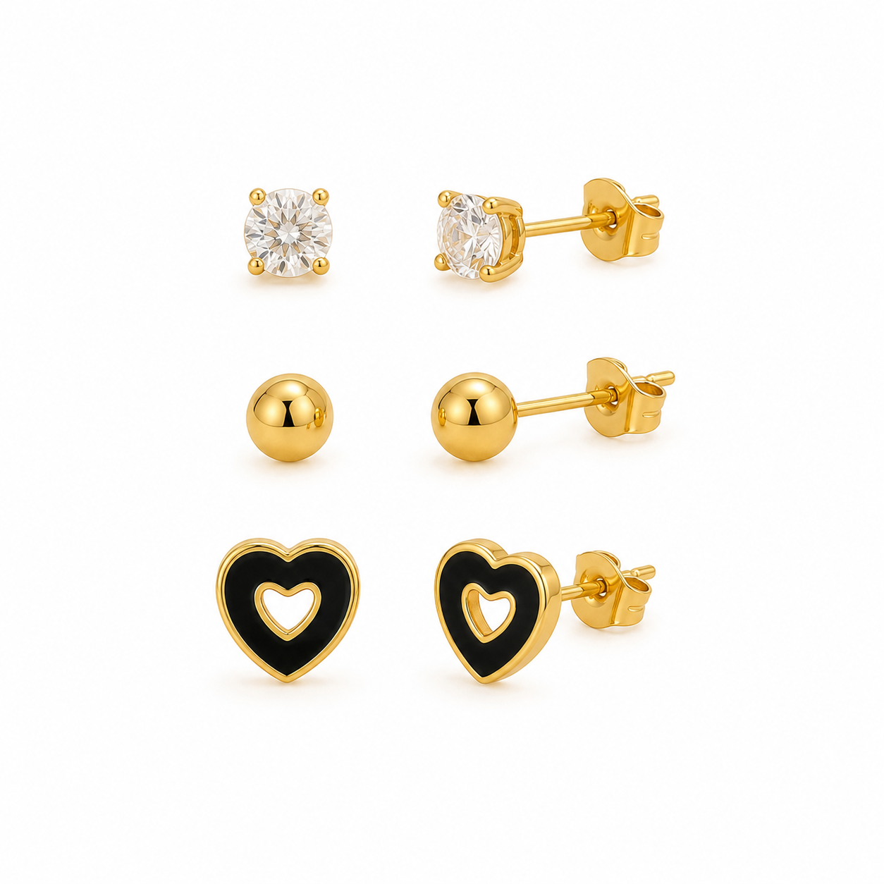 Zircon Stud Earrings Set – 3 Pairs Gold Plated Earrings