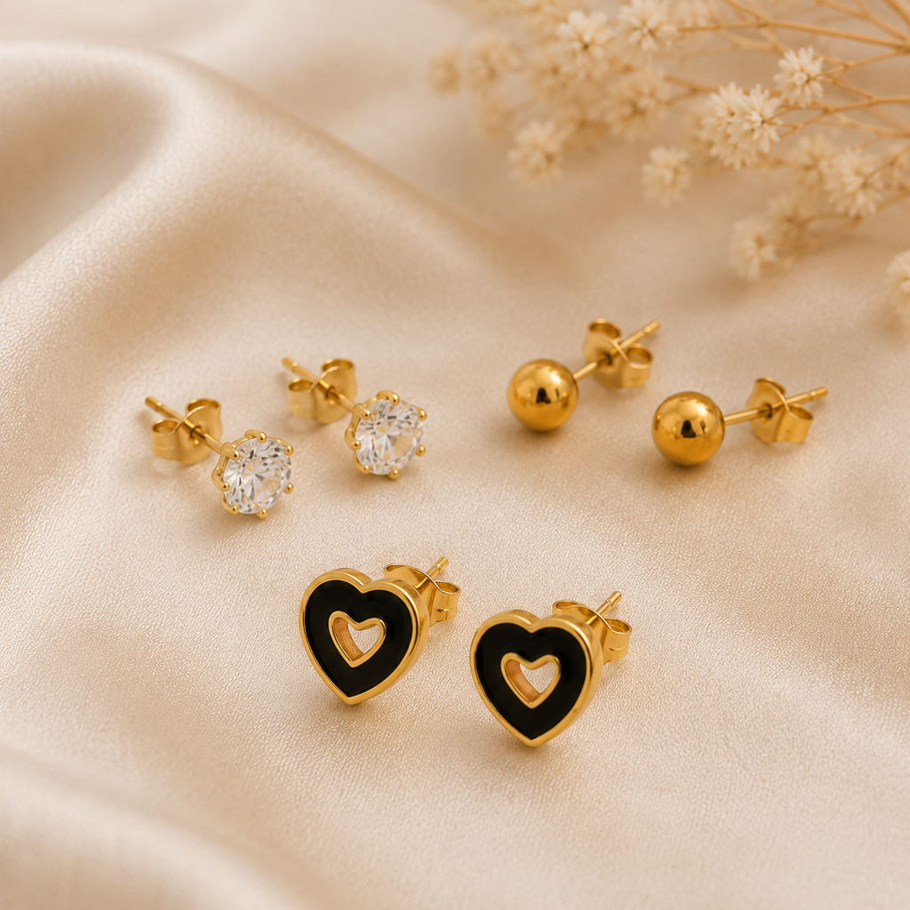 Zircon Stud Earrings Set – 3 Pairs Gold Plated Earrings