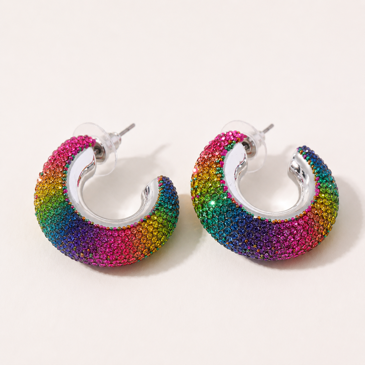 Rainbow & Pink Crystal Hoop Earrings