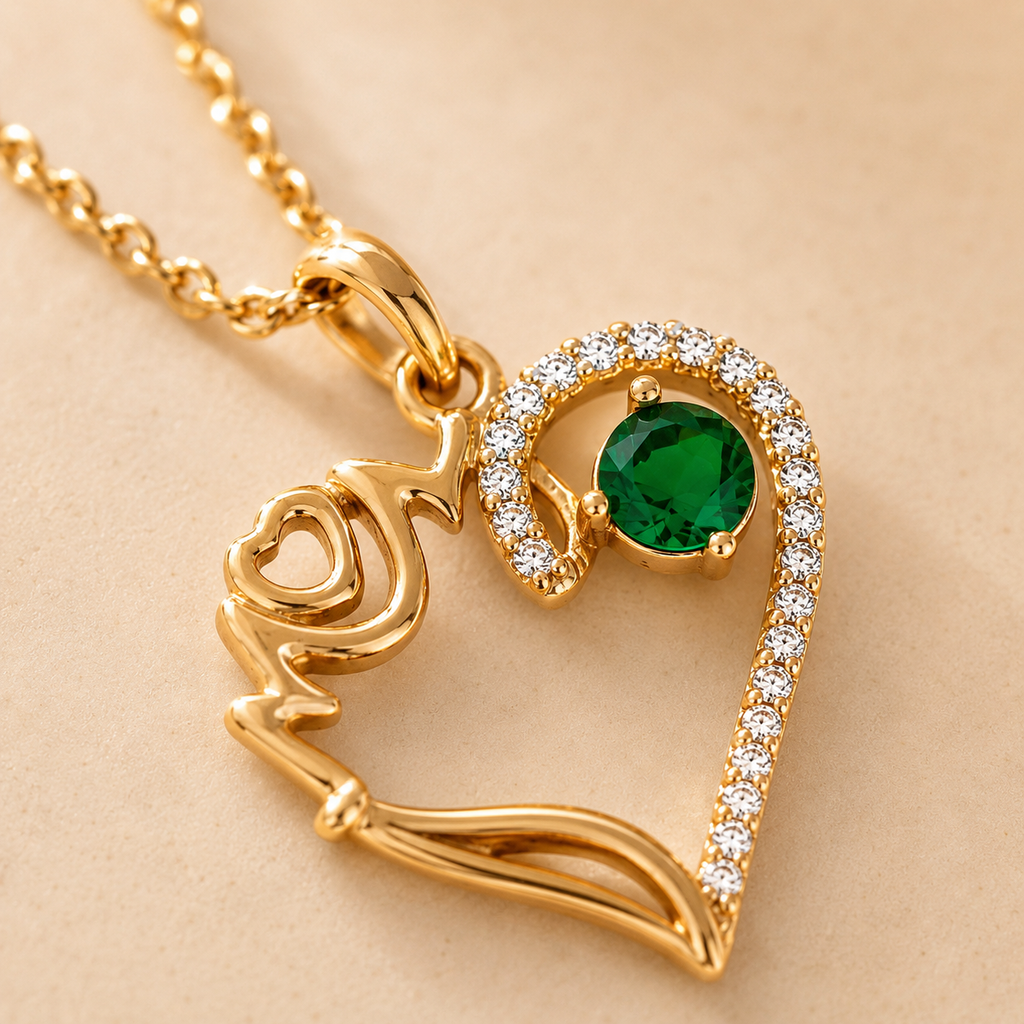 Heart Pendant MOM Necklace – Green Stone