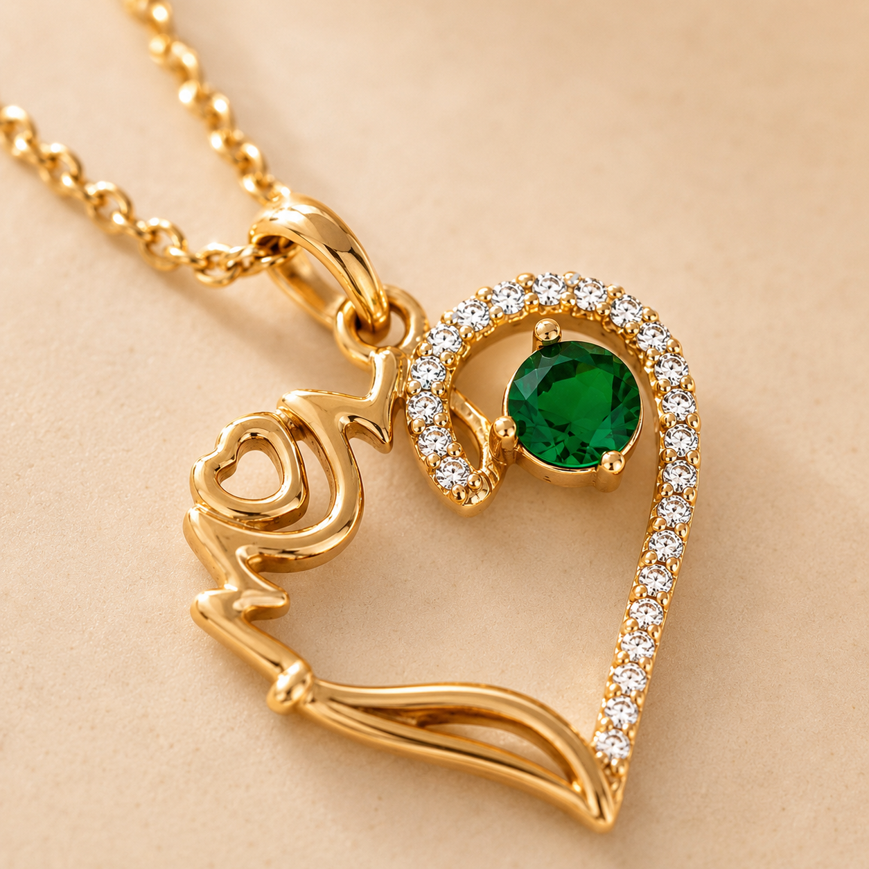 Heart Pendant MOM Necklace – Green Stone