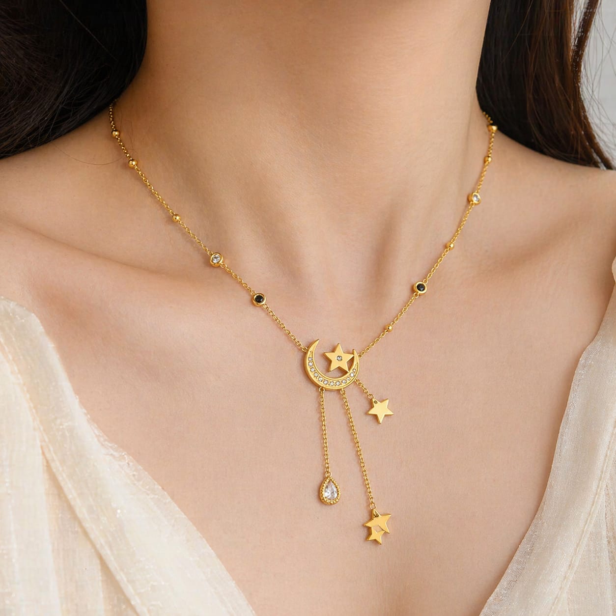 Gold Celestial Pendant Necklace | Moon Star CZ Charm