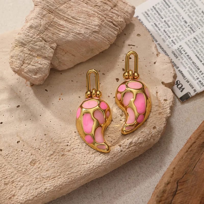 Drop-Shaped Earrings | Pink & Gold | PVD Coated | 304 Stainless Steel