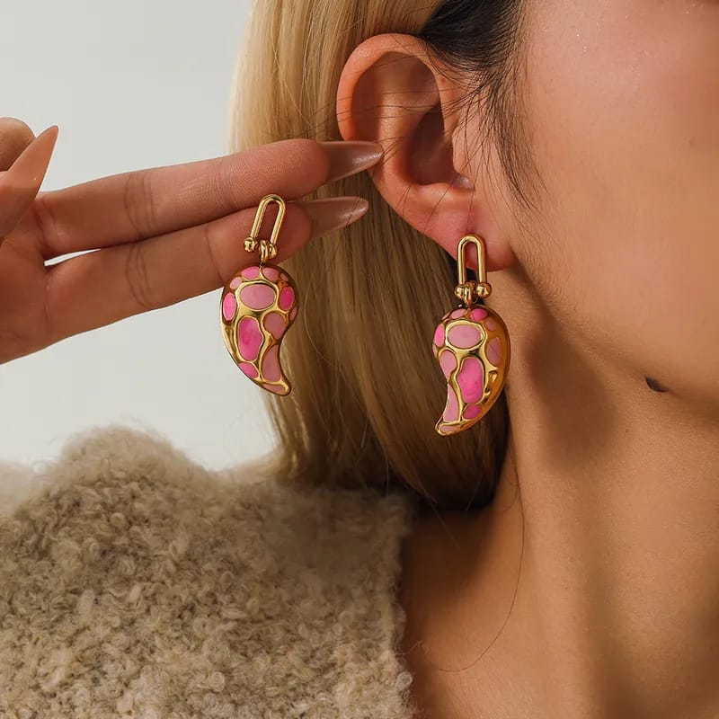 Drop-Shaped Earrings | Pink & Gold | PVD Coated | 304 Stainless Steel