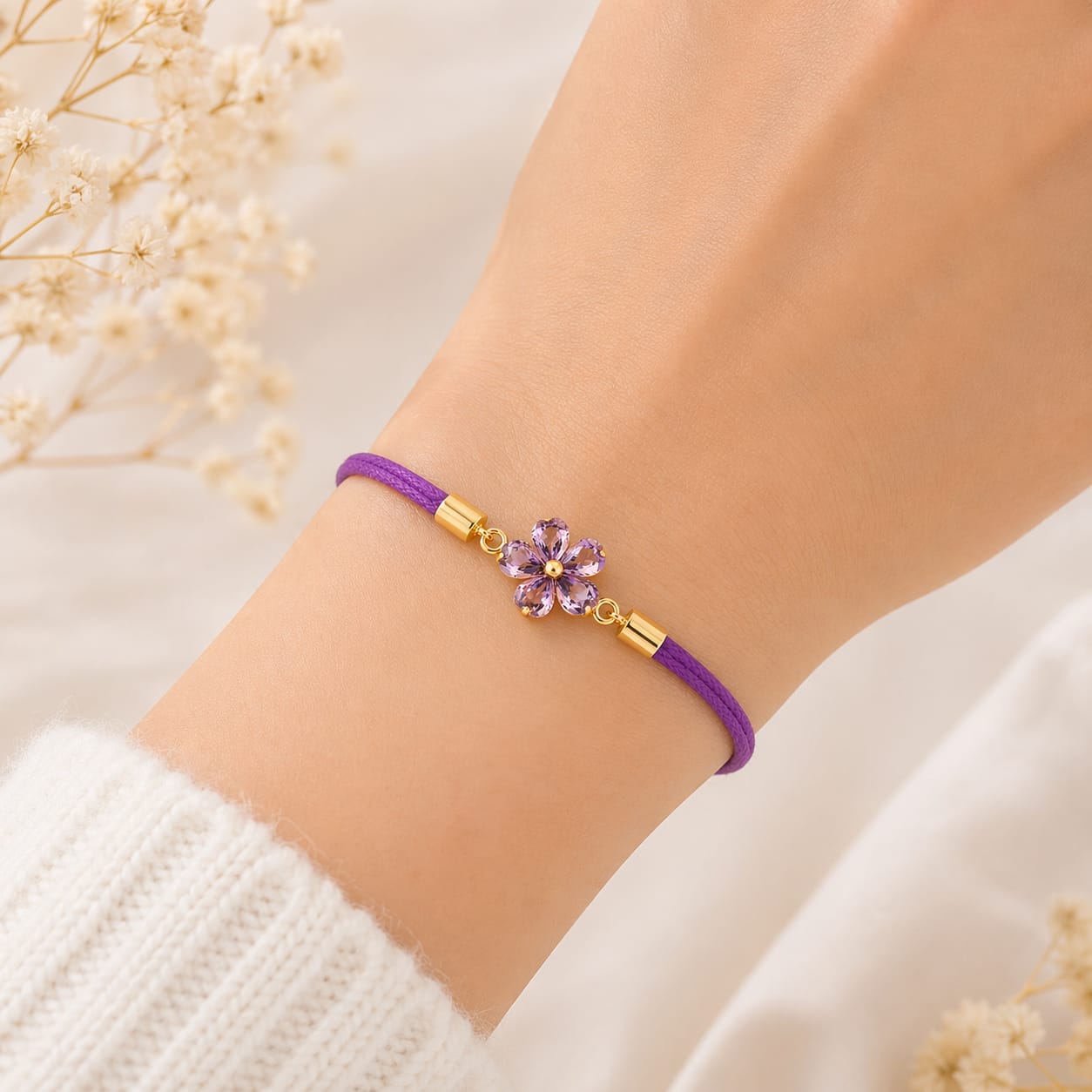 Lavender Crystal Flower Bracelet | Adjustable | 304 Stainless Steel