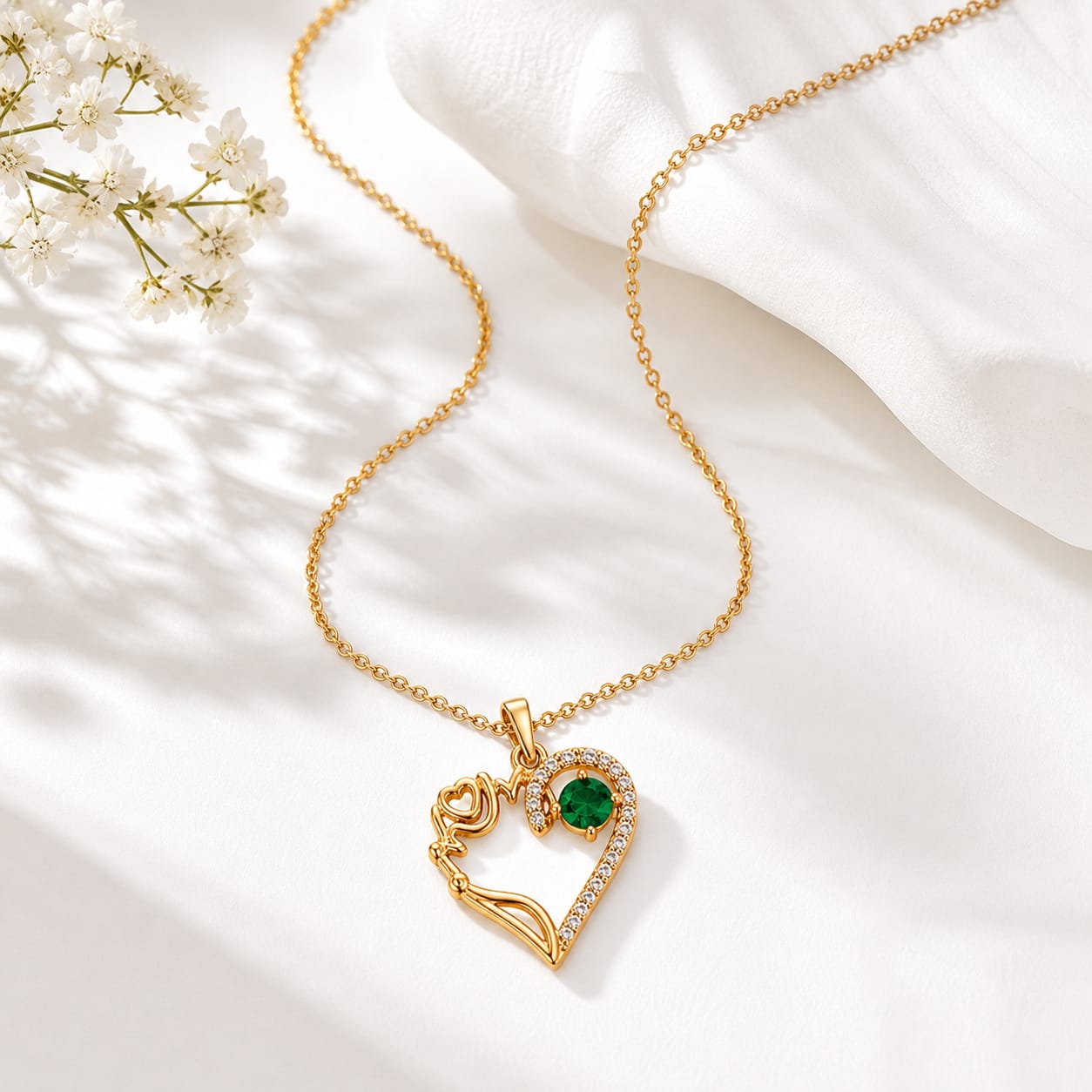 Heart Pendant Necklace “Mom” | Green Stone | 18K Gold Plated Stainless Steel