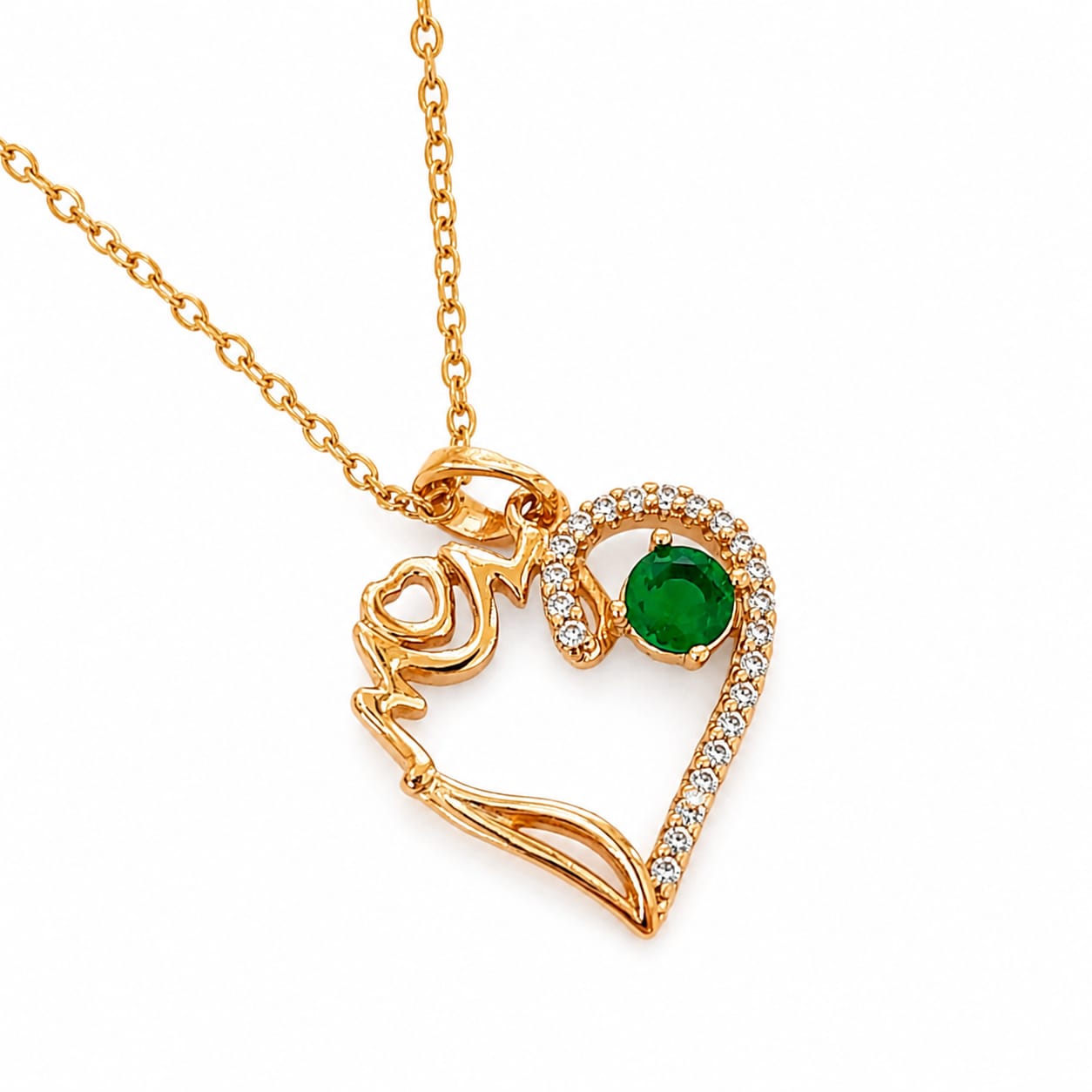 Heart Pendant Necklace “Mom” | Green Stone | 18K Gold Plated Stainless Steel