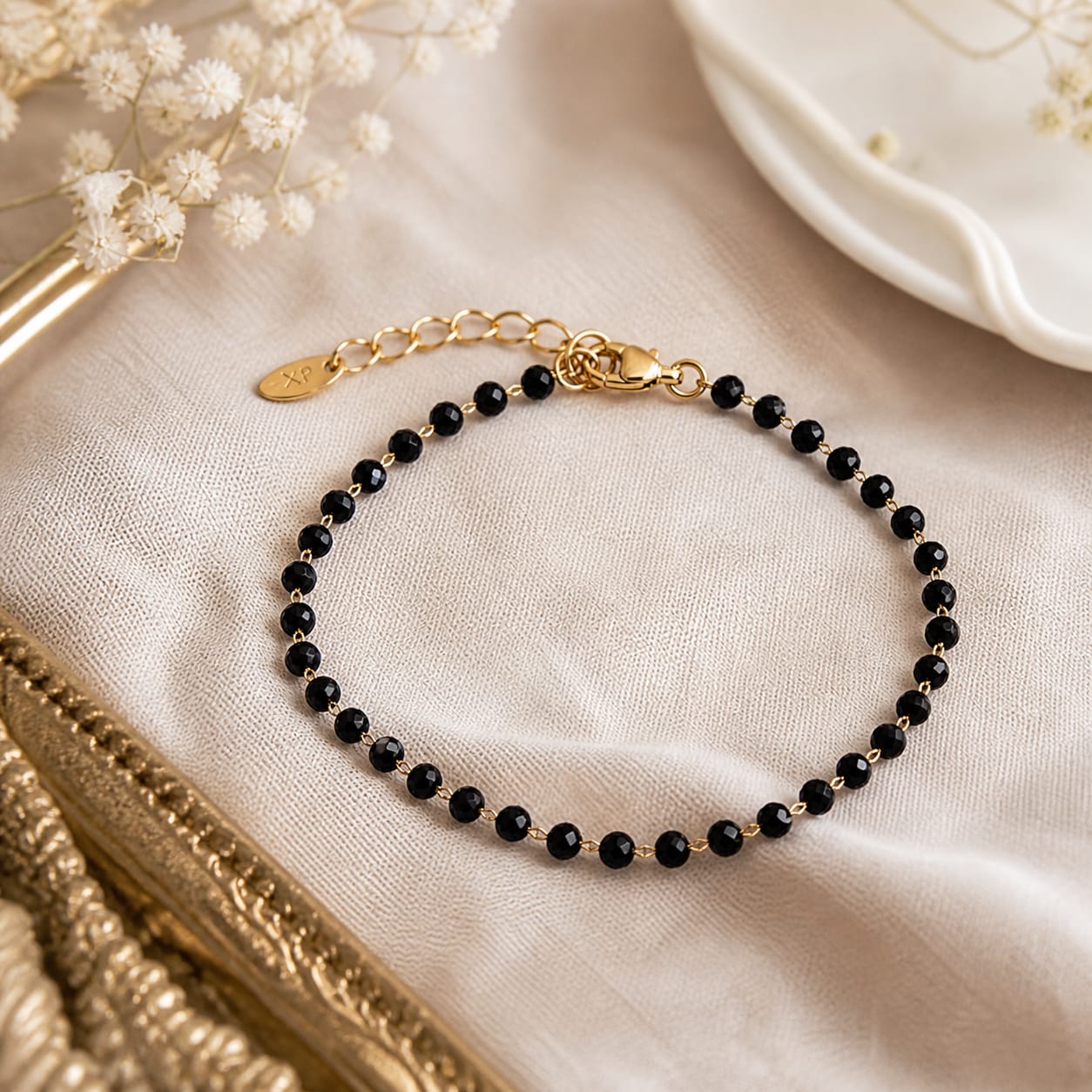 Black Beaded Bracelet | 24K Gold Plated