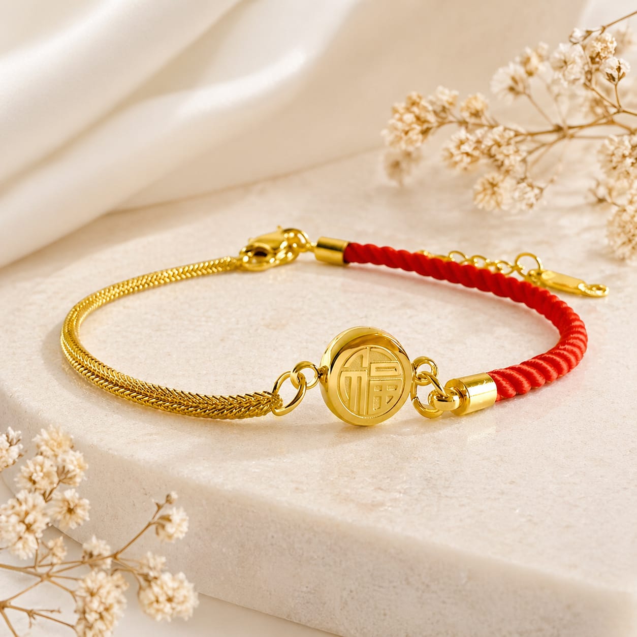 Snake Chain & Red Cord Bracelet | 18K Gold Plated | PVD Coated