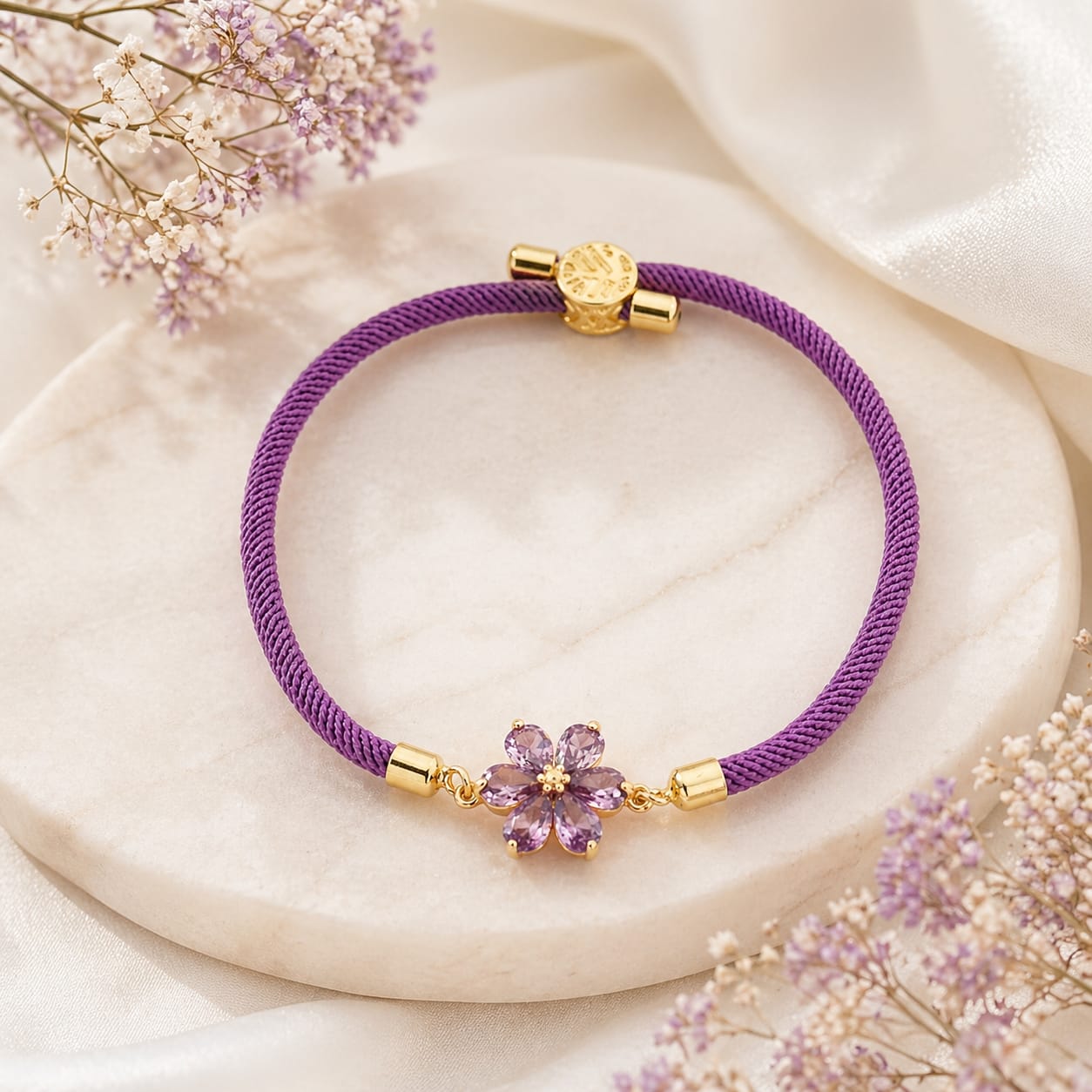 Lavender Crystal Flower Bracelet | Adjustable | 304 Stainless Steel