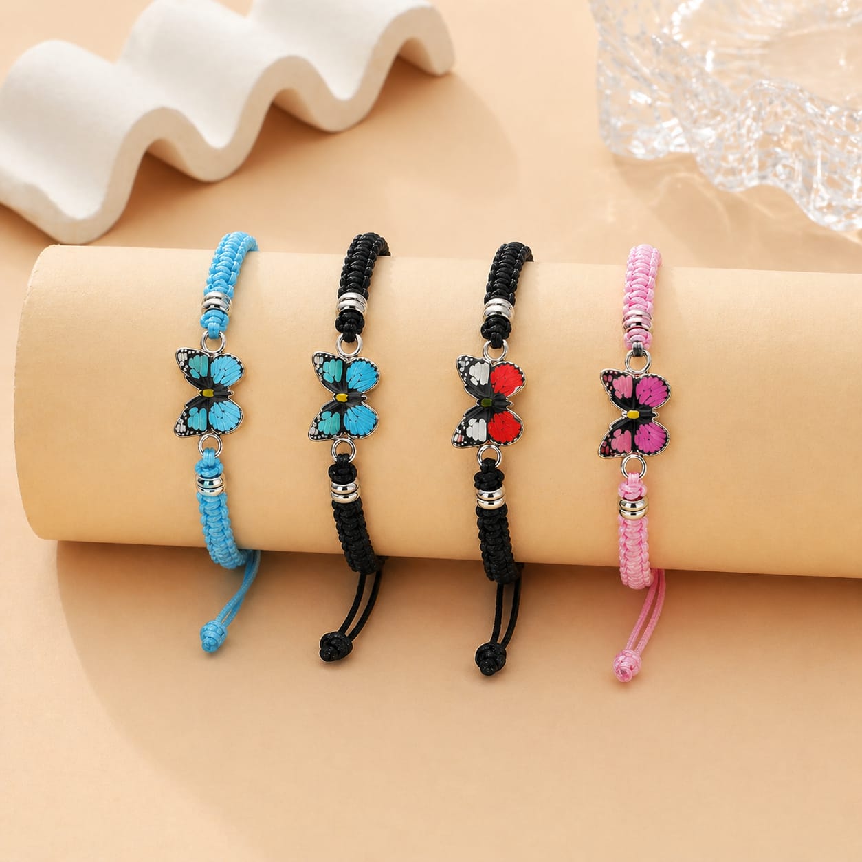 Butterfly Charm Bracelet | Adjustable Nylon | Black, Red, Pink & Blue
