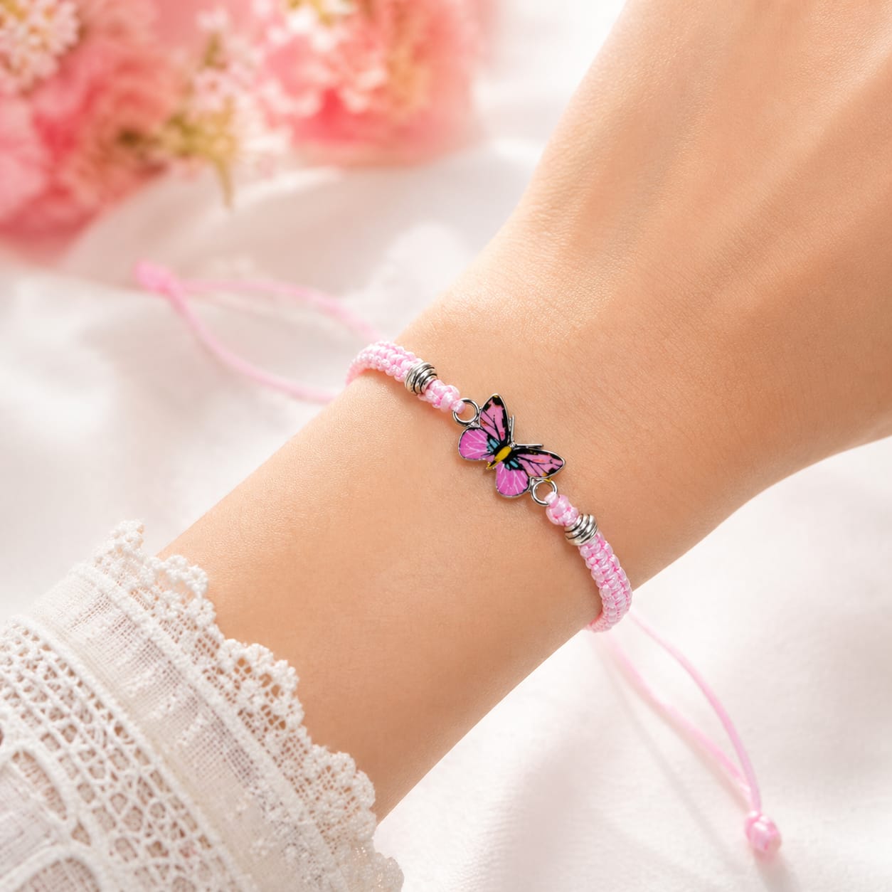 Butterfly Charm Bracelet | Adjustable Nylon | Black, Red, Pink & Blue